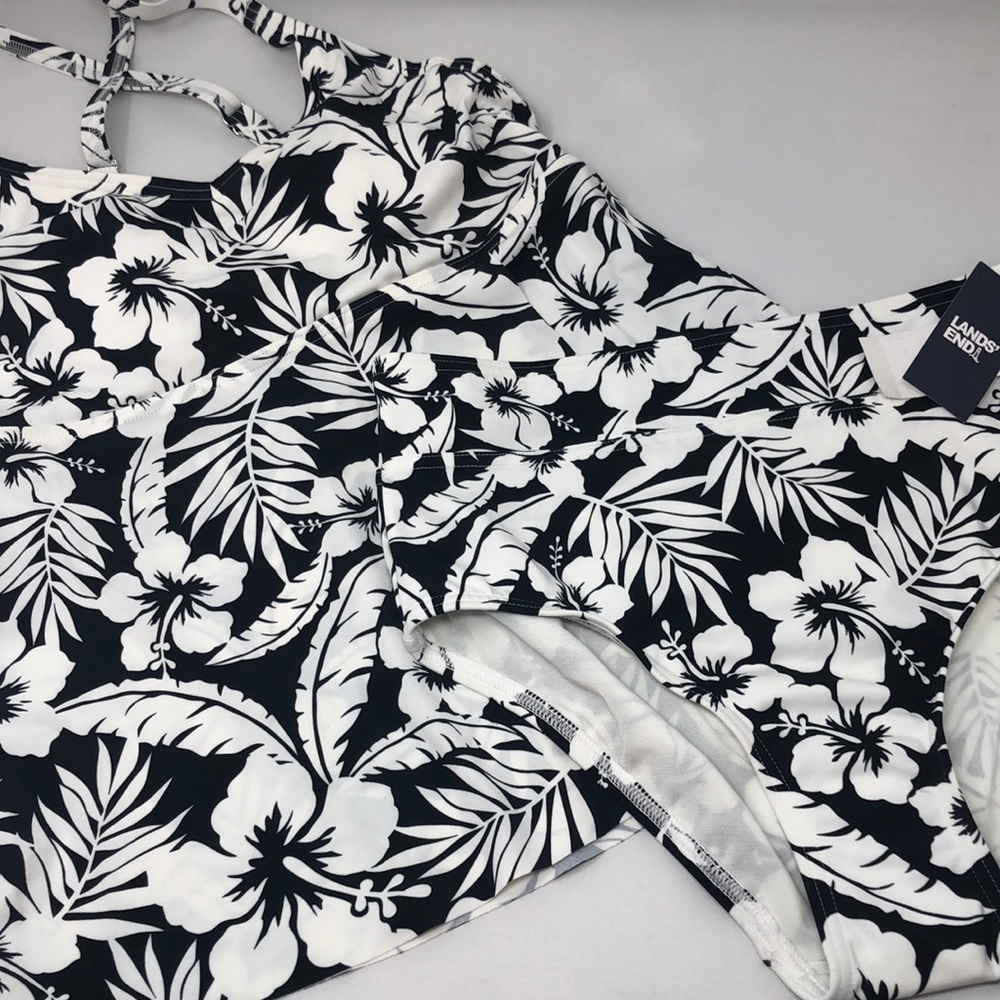 NWT Lands' End Tankini Set Size XS (2-4) Black White Floral Tummy Control - Picture 2 of 14
